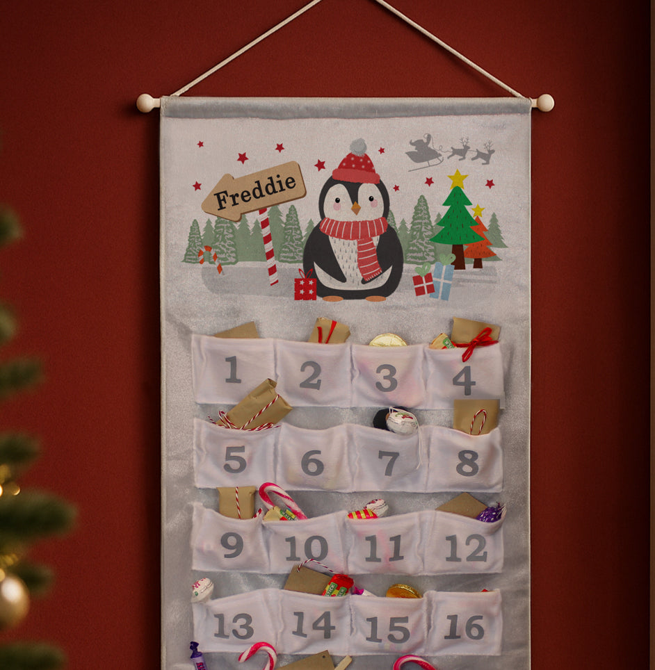 Personalised Christmas Penguin Advent Calendar In Silver Grey