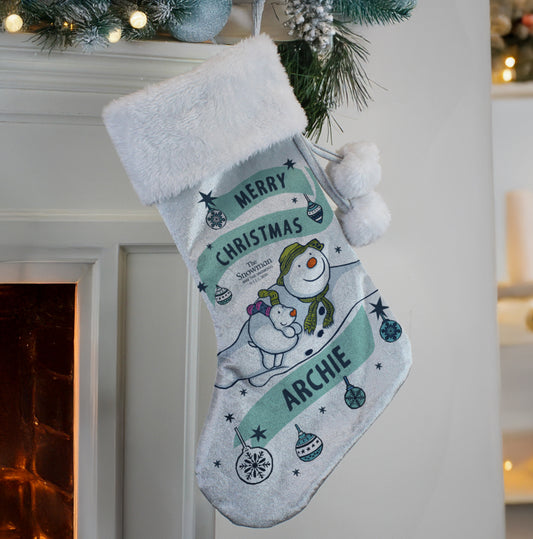 Personalised The Snowman and the Snowdog Luxury Silver Grey Stocking