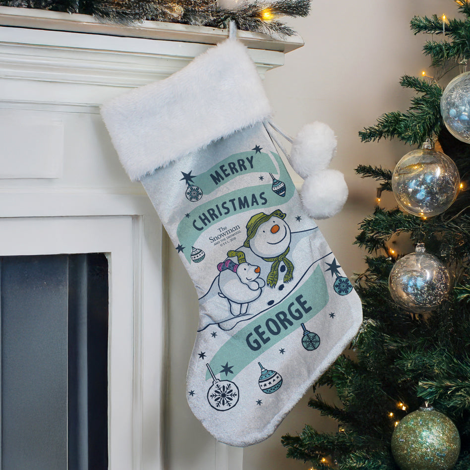 Personalised The Snowman and the Snowdog Luxury Silver Grey Stocking