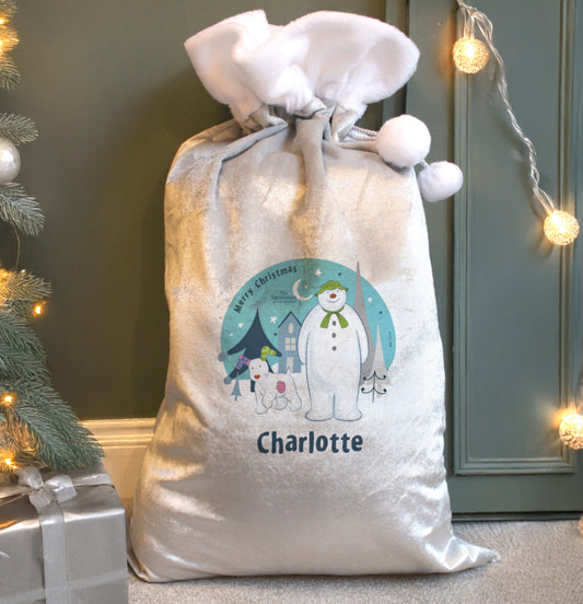 Personalised The Snowman and the Snowdog Luxury Silver Grey Pom Pom Sack