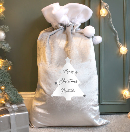 Personalised Christmas Tree Luxury Silver Grey Pom Pom Sack