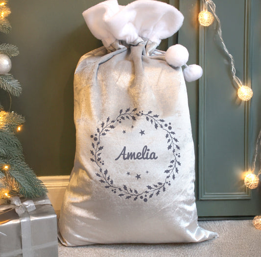 Personalised Holly Grey Christmas Sack