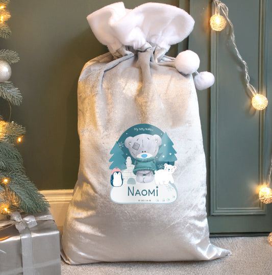 Personalised Winter Explorer Tiny Tatty Teddy Luxury Silver Grey Pom Pom Sack