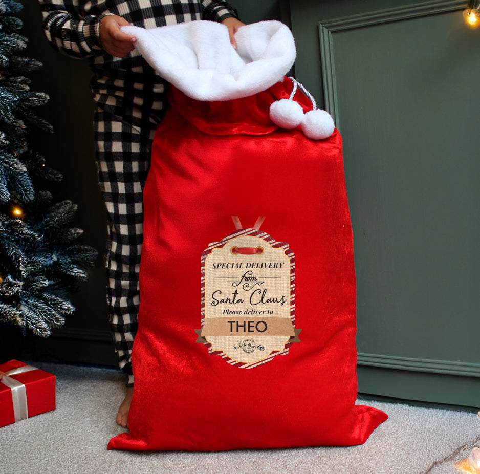 Personalised Special Delivery Luxury Pom Pom Red Sack
