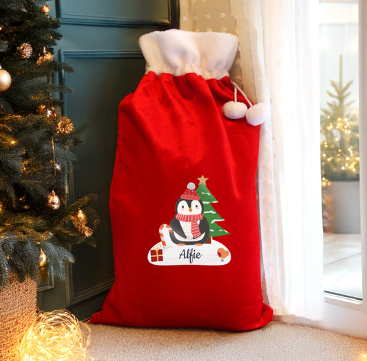 Personalised Christmas Penguin Luxury Pom Pom Red Sack