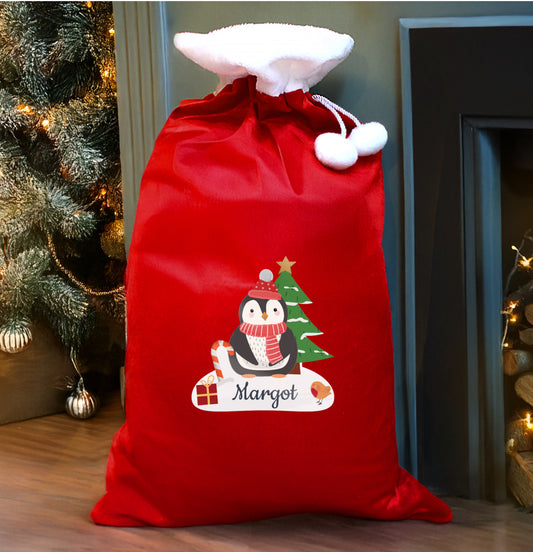 Personalised Christmas Penguin Luxury Pom Pom Red Sack