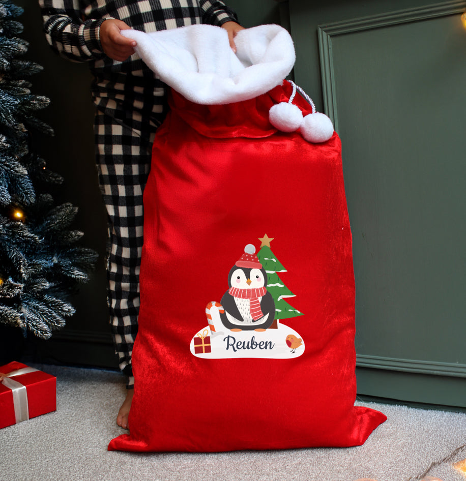 Personalised Christmas Penguin Luxury Pom Pom Red Sack