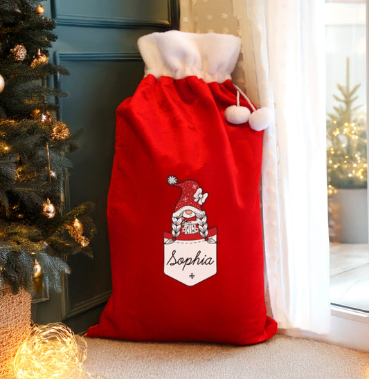 Personalised Gonk Family Red Christmas Sack - Girl