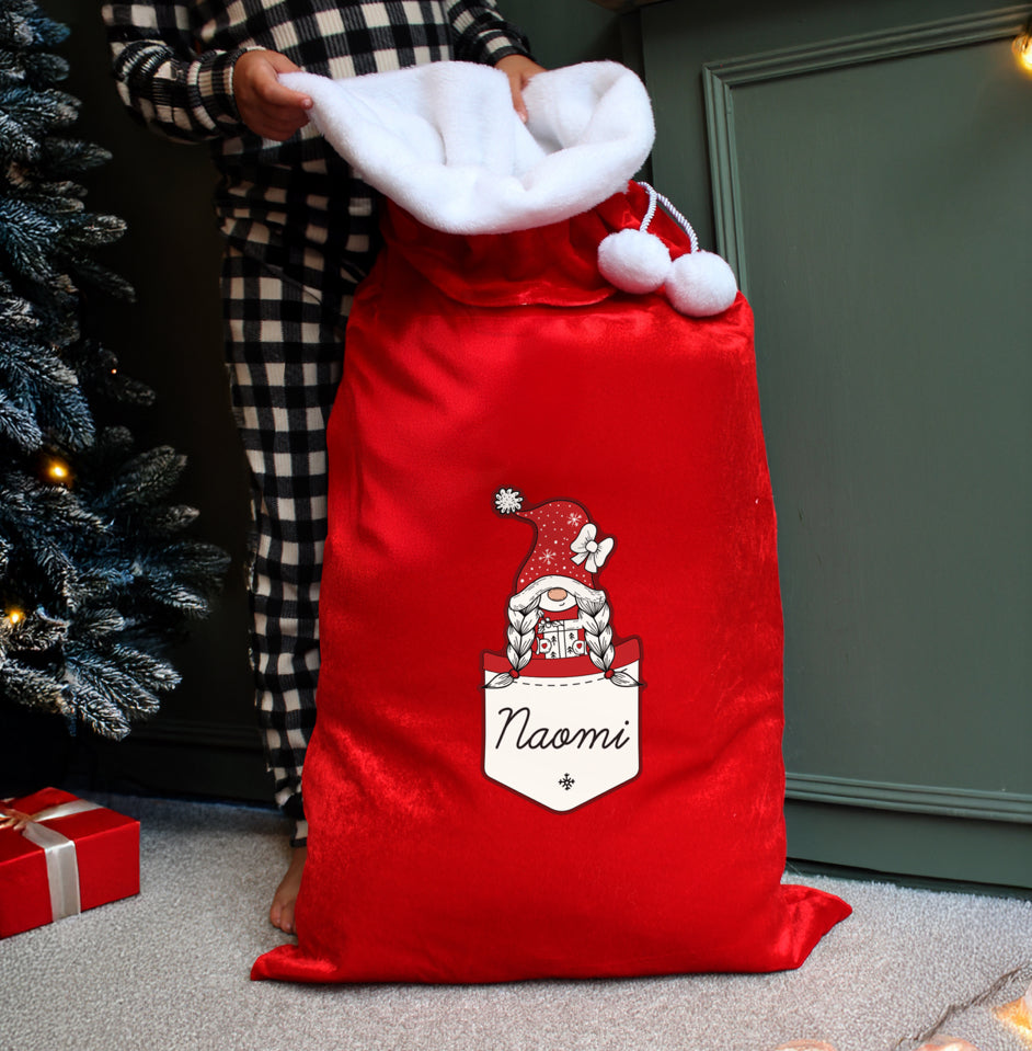 Personalised Gonk Family Red Christmas Sack - Girl