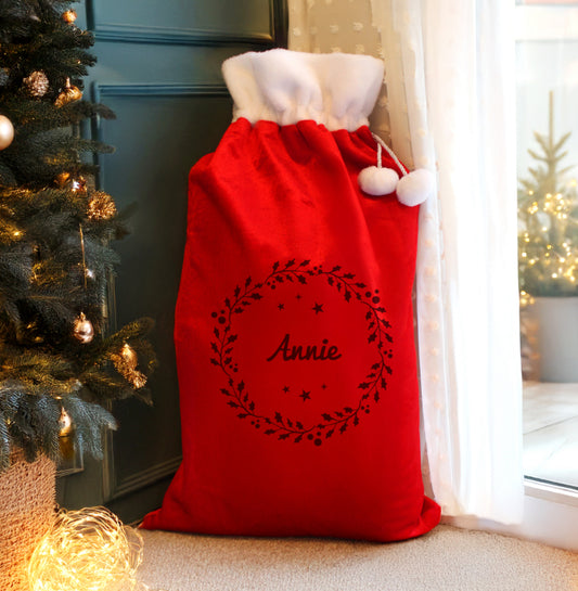 Personalised Holly Red Christmas Sack