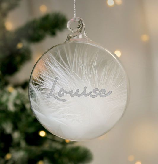 Personalised Silver Glitter Name Only Feather Glass Bauble