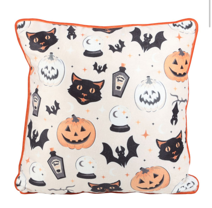 35cm Square Spooky Cat and Pumpkin Print Cushion