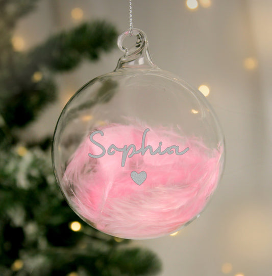 Personalised Pink Feather Silver Heart Glass Bauble