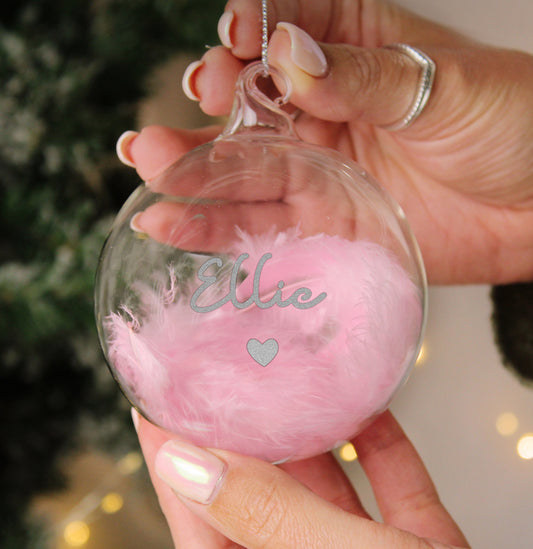 Personalised Pink Feather Silver Heart Glass Bauble