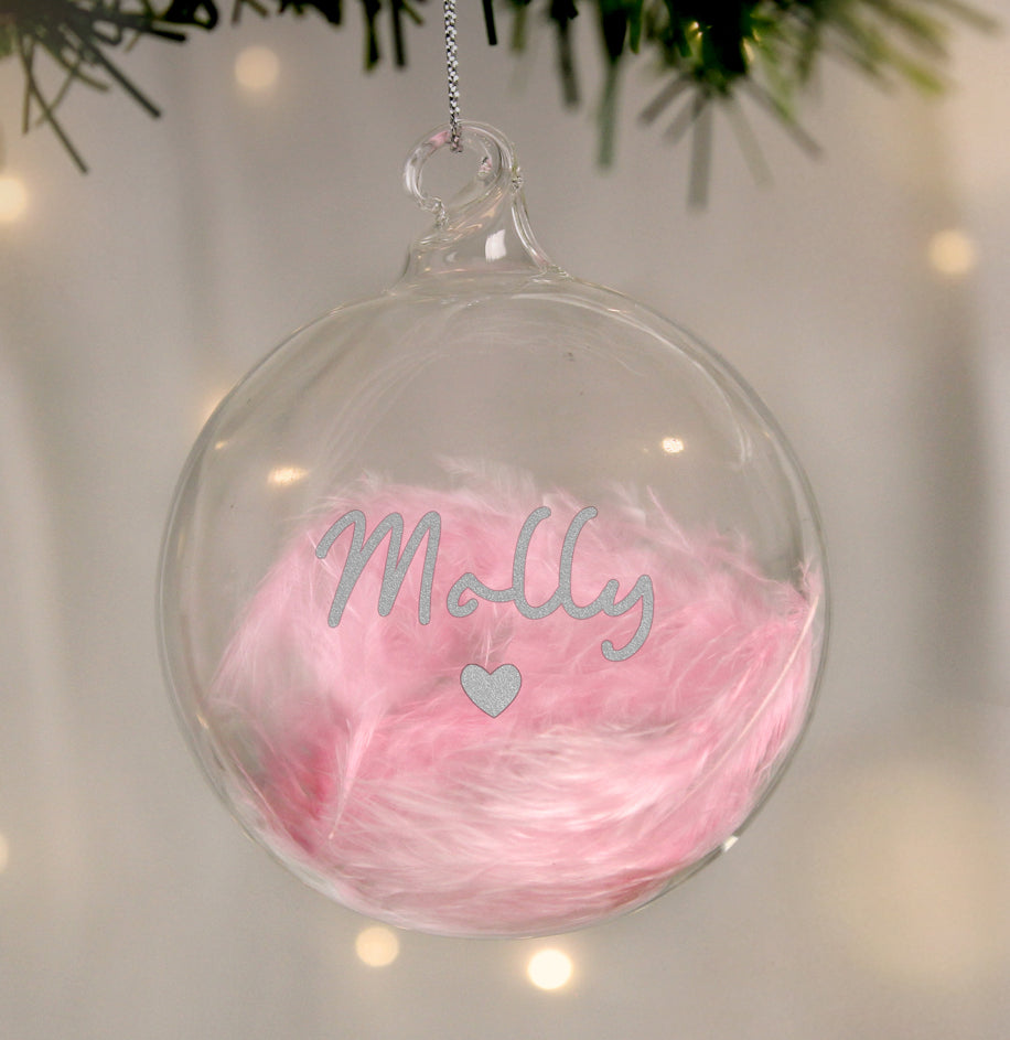 Personalised Pink Feather Silver Heart Glass Bauble