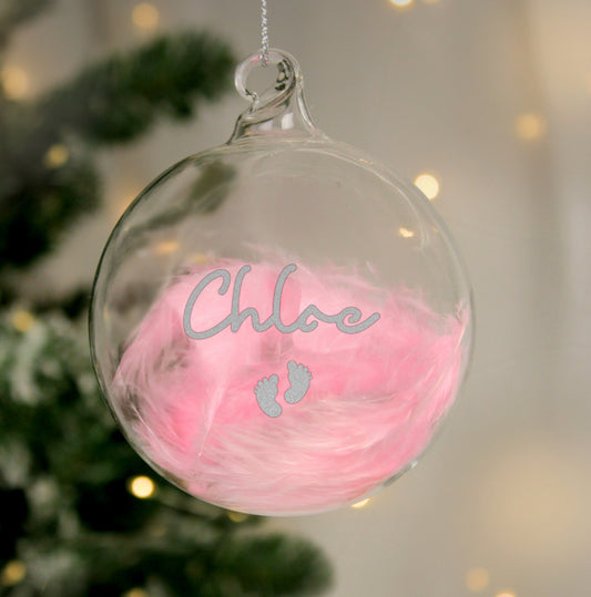 Personalised Pink Feather Silver Footprints Glass Bauble