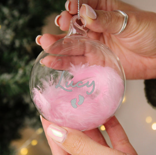 Personalised Pink Feather Silver Footprints Glass Bauble