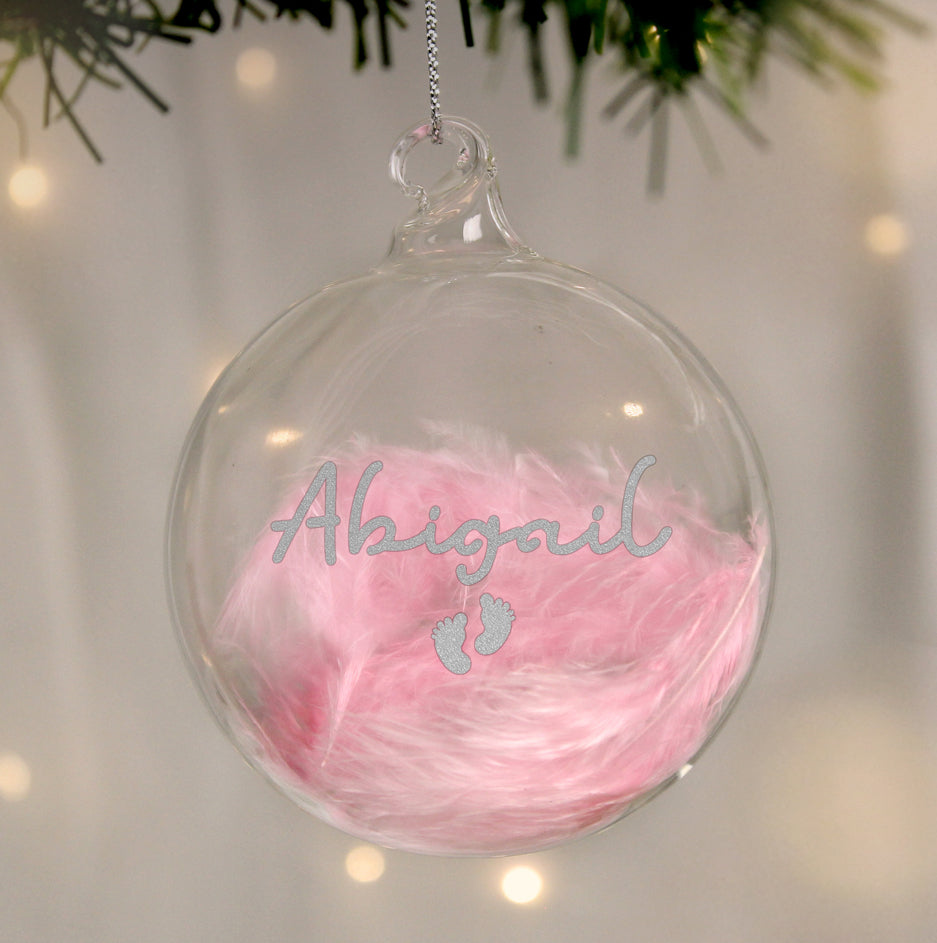 Personalised Pink Feather Silver Footprints Glass Bauble