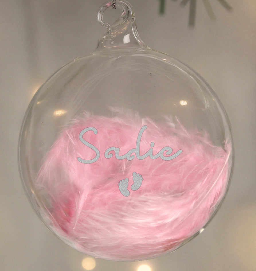 Personalised Pink Feather Silver Footprints Glass Bauble