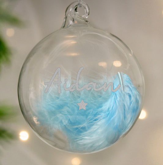 Personalised Blue Feather Silver Star Glass Bauble