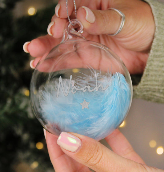 Personalised Blue Feather Silver Star Glass Bauble