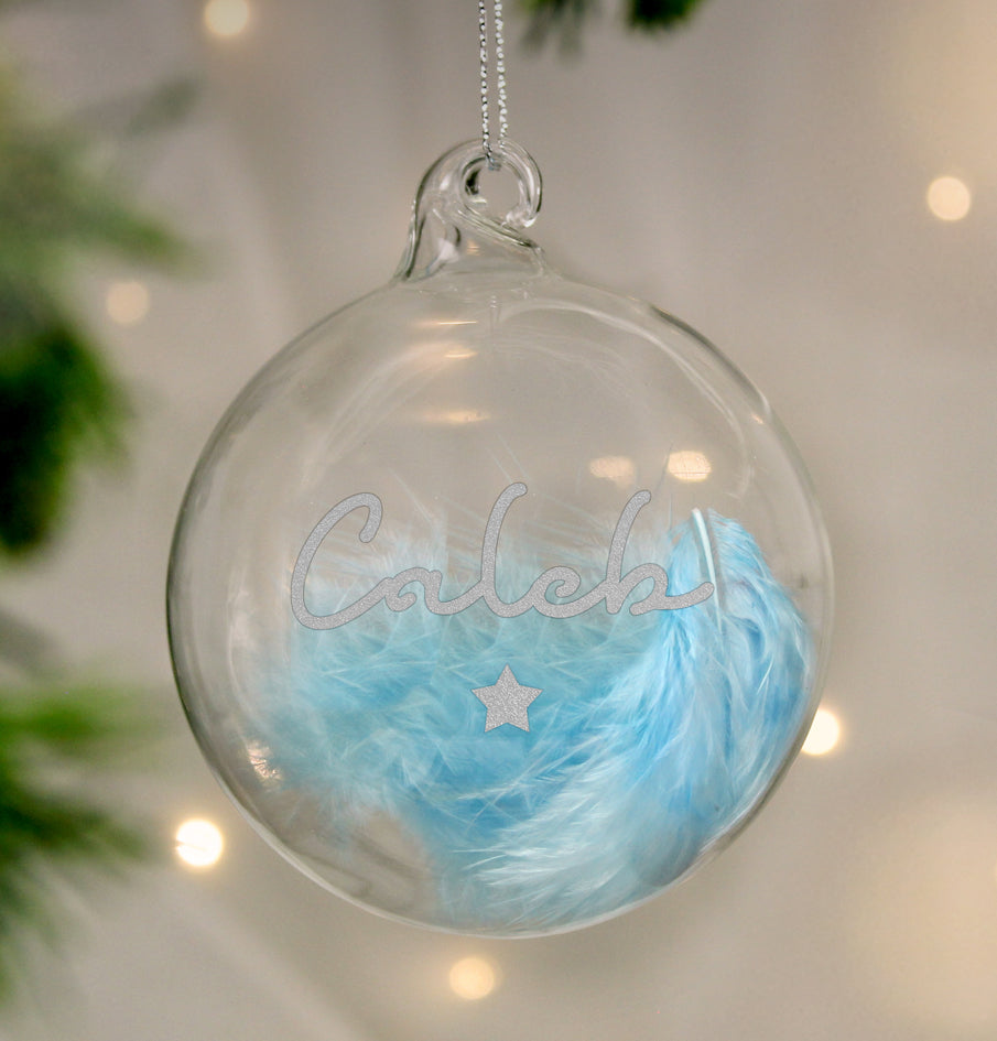 Personalised Blue Feather Silver Star Glass Bauble