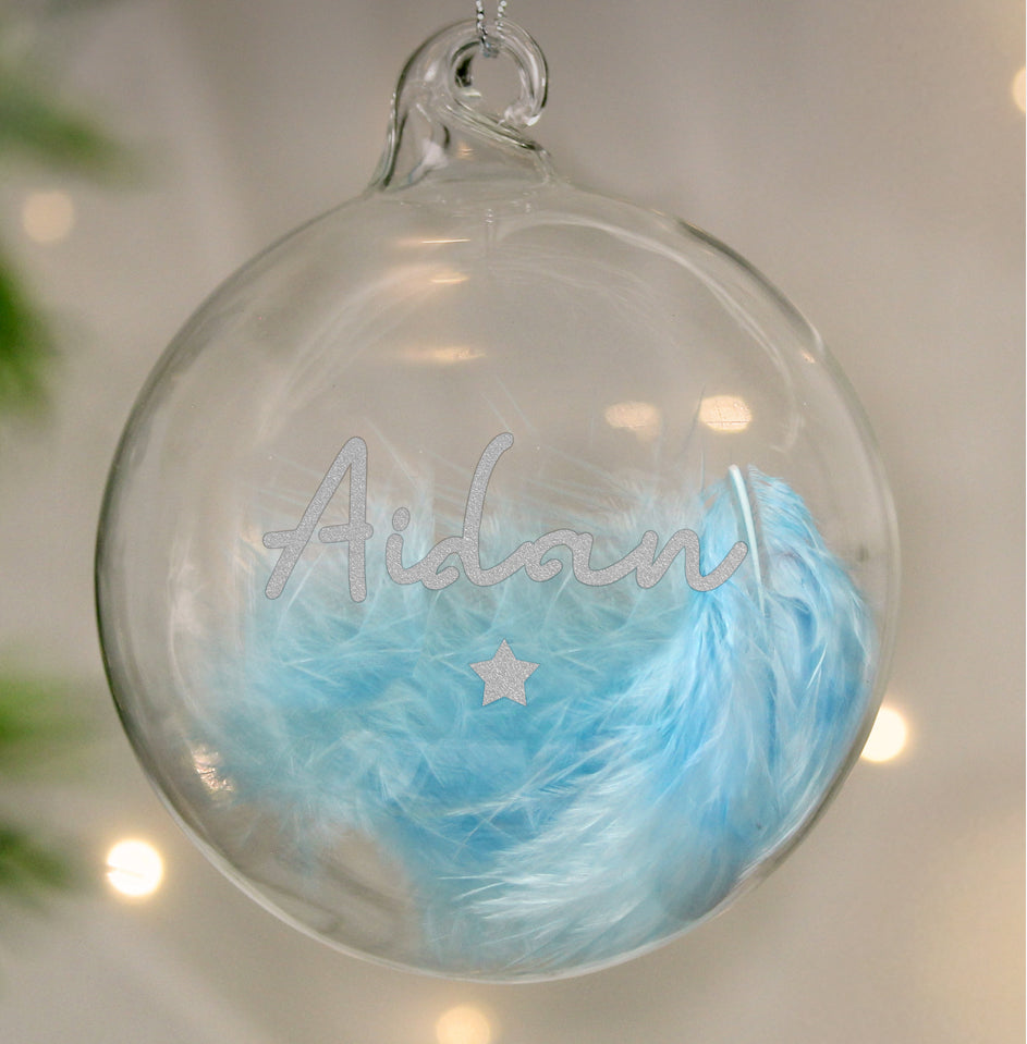 Personalised Blue Feather Silver Star Glass Bauble