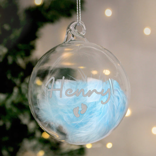 Personalised Blue Feather Silver Footprints Glass Bauble