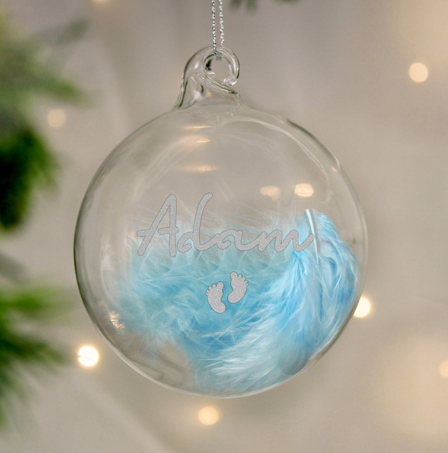 Personalised Blue Feather Silver Footprints Glass Bauble