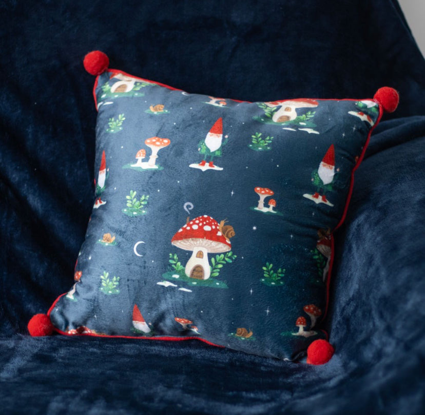 35cm Square Gnome Print Cushion with Pom Poms