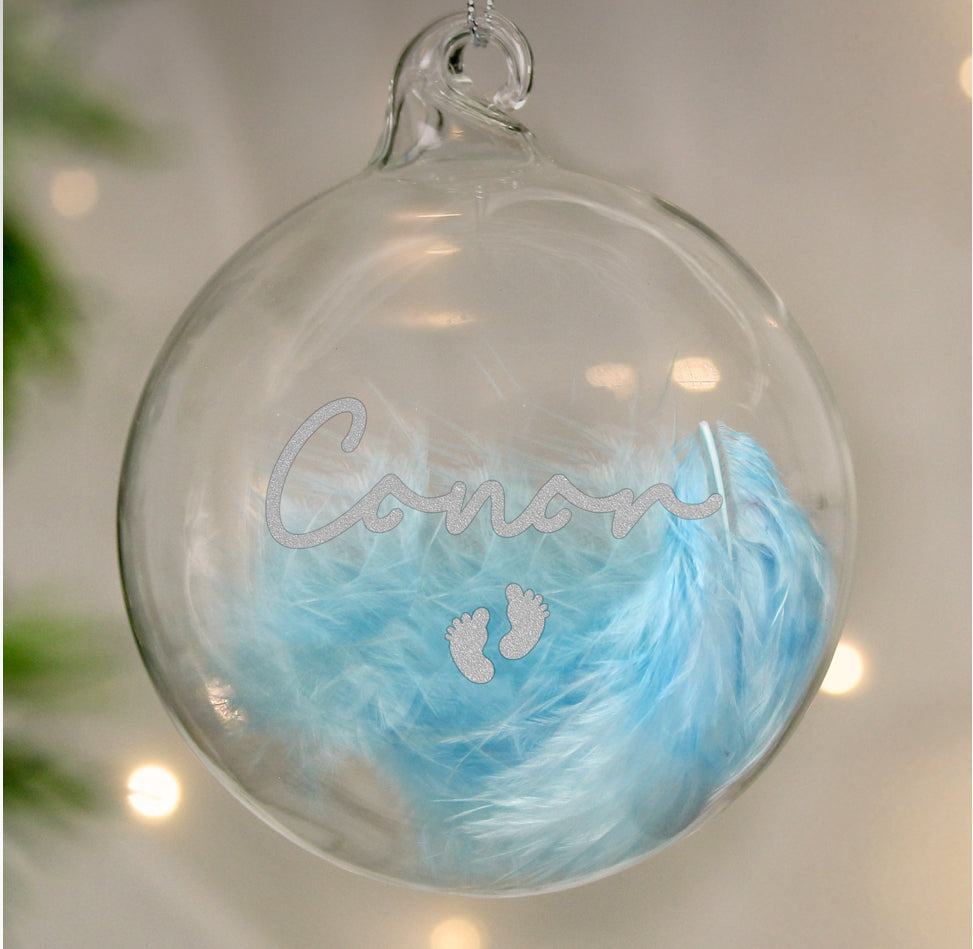 Personalised Blue Feather Silver Footprints Glass Bauble