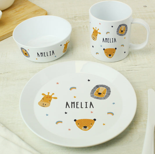 Personalised Safari Animals Plastic Childrens Breakfast Set