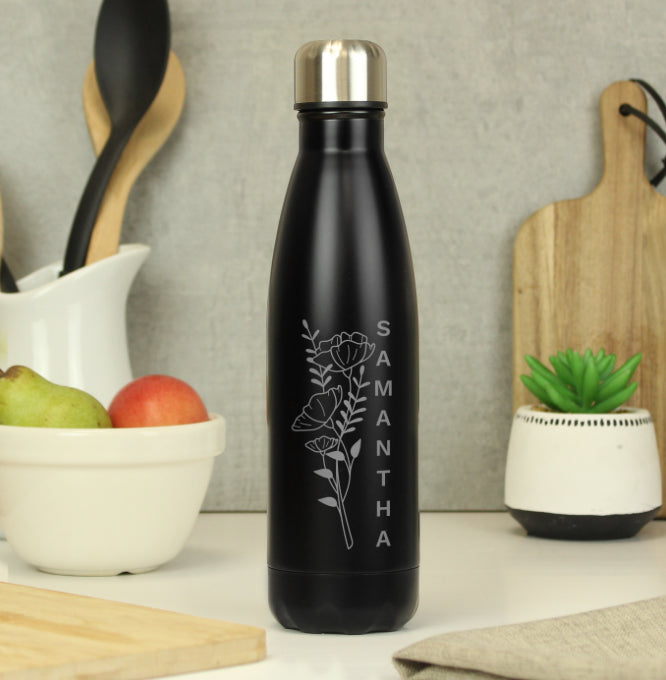 Personalised Floral Black Metal Insulated Drinks Bottle