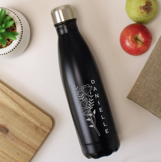 Personalised Floral Black Metal Insulated Drinks Bottle