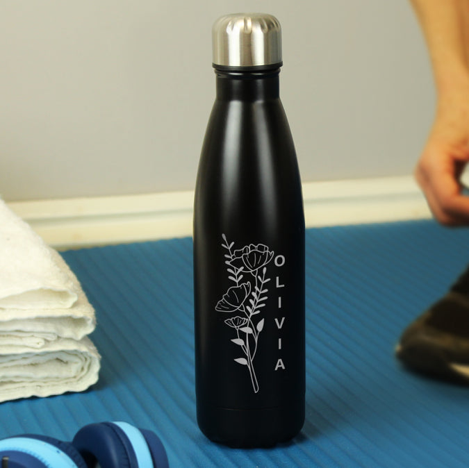 Personalised Floral Black Metal Insulated Drinks Bottle