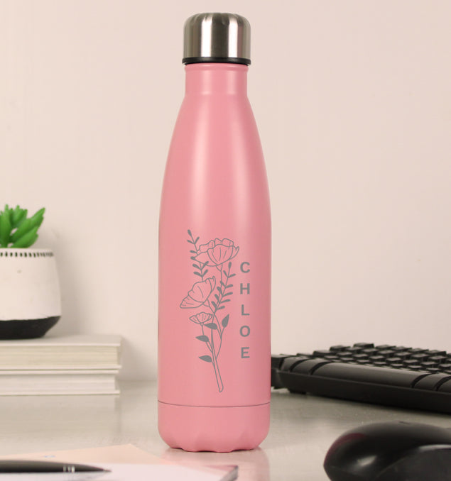 Personalised Floral Pink Metal Insulated Drinks Bottle