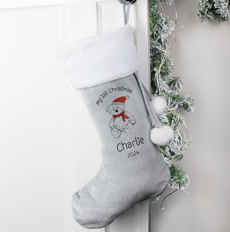Personalised My 1st Christmas Teddy Silver Grey Stocking