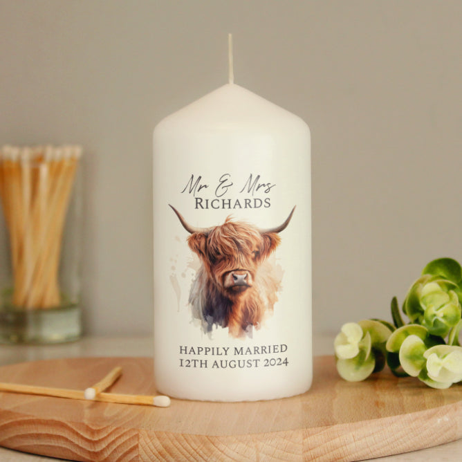 Personalised Highland Cow Pillar Candle