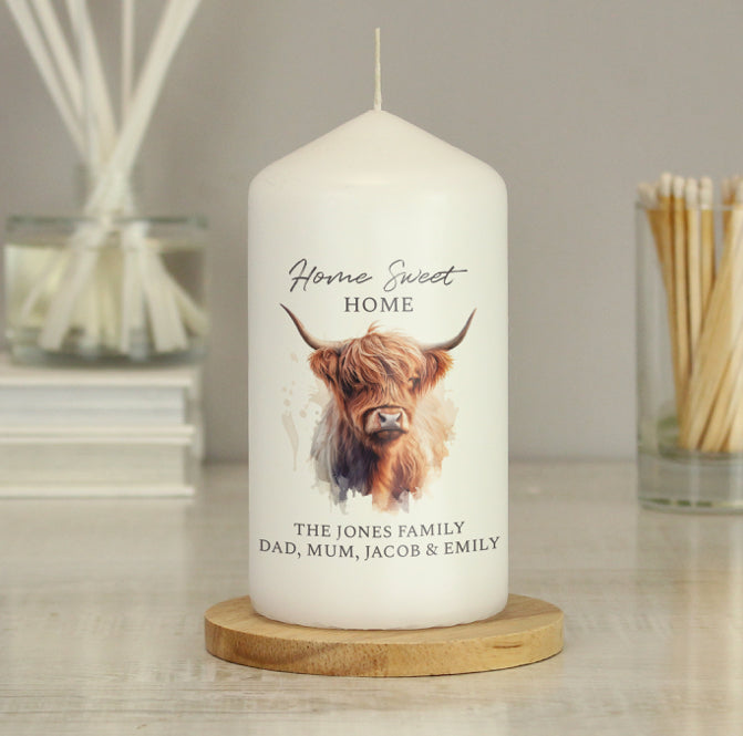 Personalised Highland Cow Pillar Candle