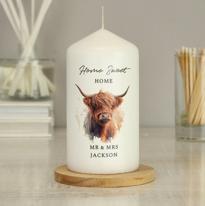 Personalised Highland Cow Pillar Candle