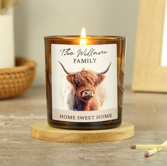 Personalised Highland Cow Amber Glass Candle