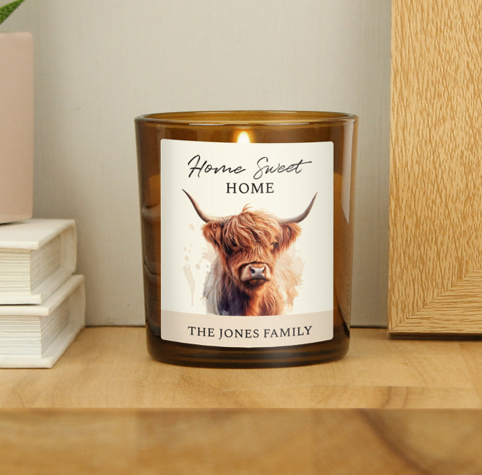 Personalised Highland Cow Amber Glass Candle