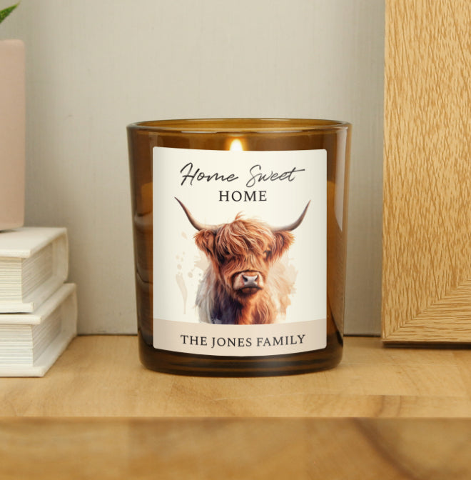 Personalised Highland Cow Amber Glass Candle