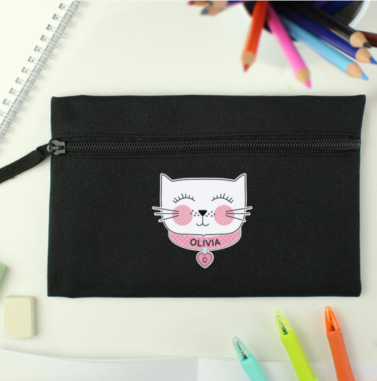 Personalised Cute Cat Black Pencil Case