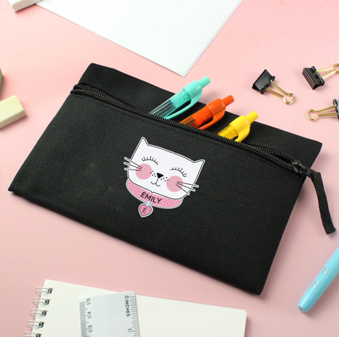 Personalised Cute Cat Black Pencil Case