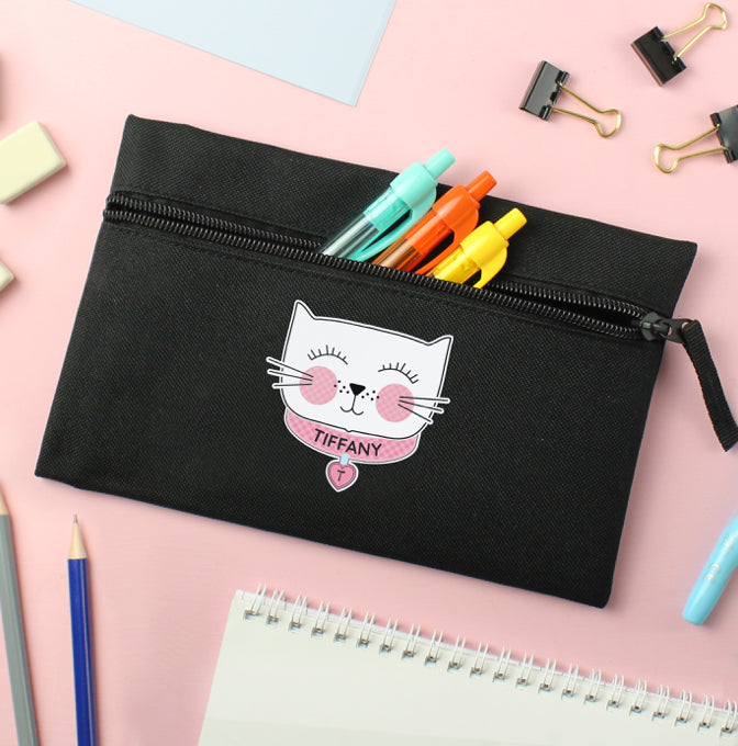 Personalised Cute Cat Black Pencil Case