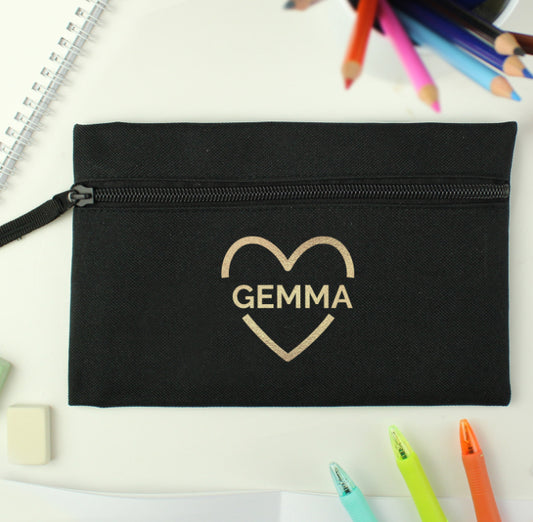 Personalised Gold Heart Black Pencil Case