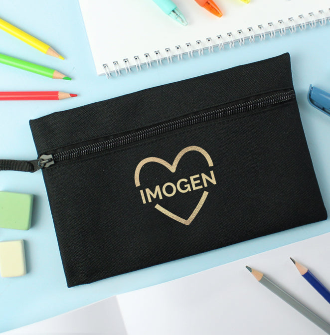 Personalised Gold Heart Black Pencil Case