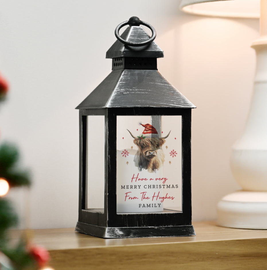 Personalised Highland Cow Christmas LED Lantern