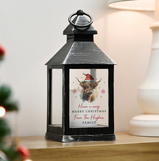 Personalised Highland Cow Christmas LED Lantern